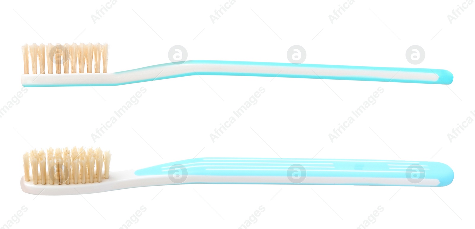 Image of Natural toothbrushes with blue handles on white background 