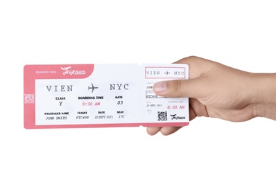 Photo of Woman holding ticket on white background, closeup. Travel agency concept