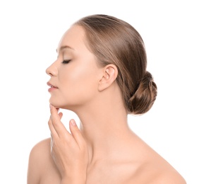 Photo of Portrait of young woman with beautiful face on white background