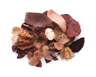 Pile of scented potpourri on white background, top view