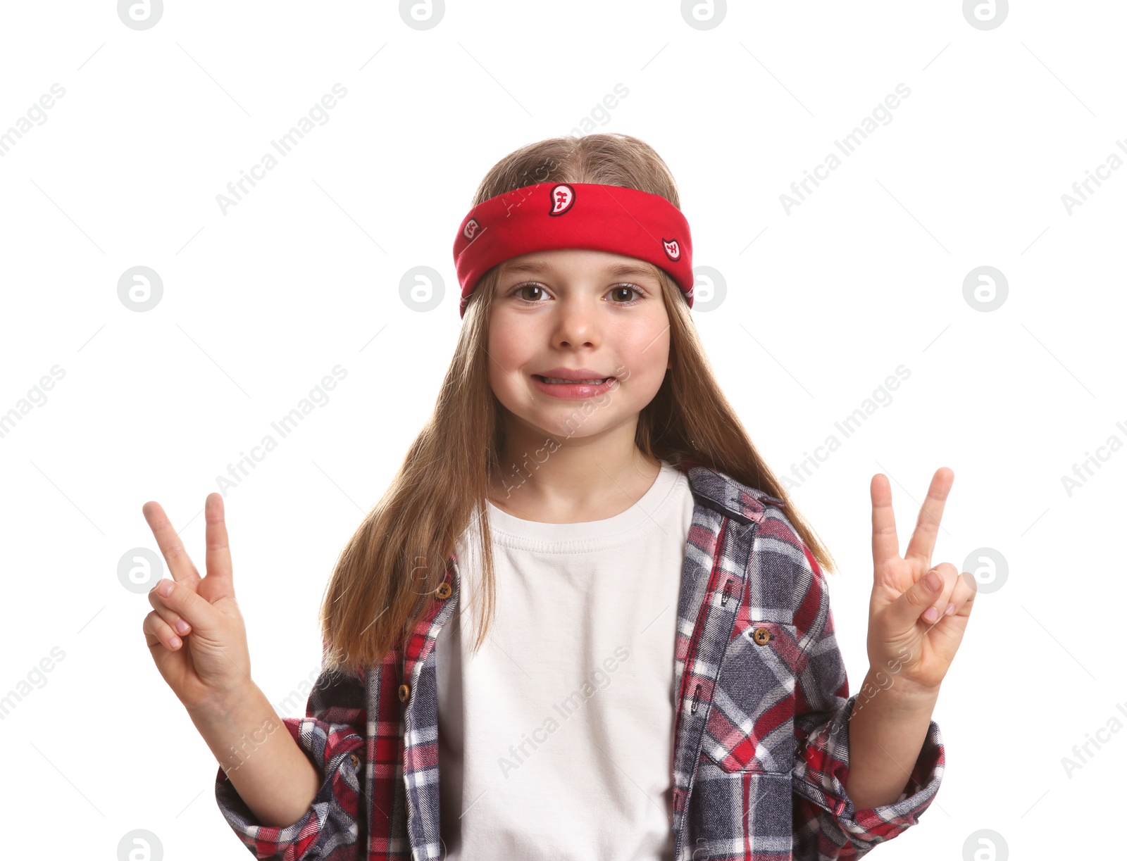 Photo of Cute little girl wearing stylish bandana on white background