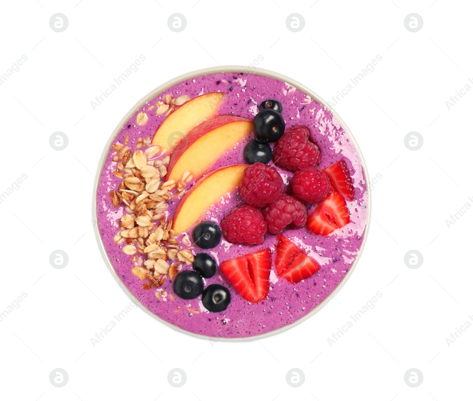 Photo of Healthy breakfast with delicious acai smoothie and fruits in bowl isolated on white, top view