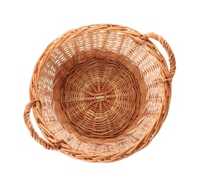 Photo of Wicker basket with handles isolated on white, top view