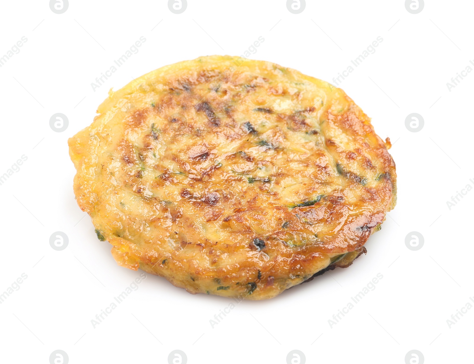 Photo of One delicious zucchini fritter isolated on white