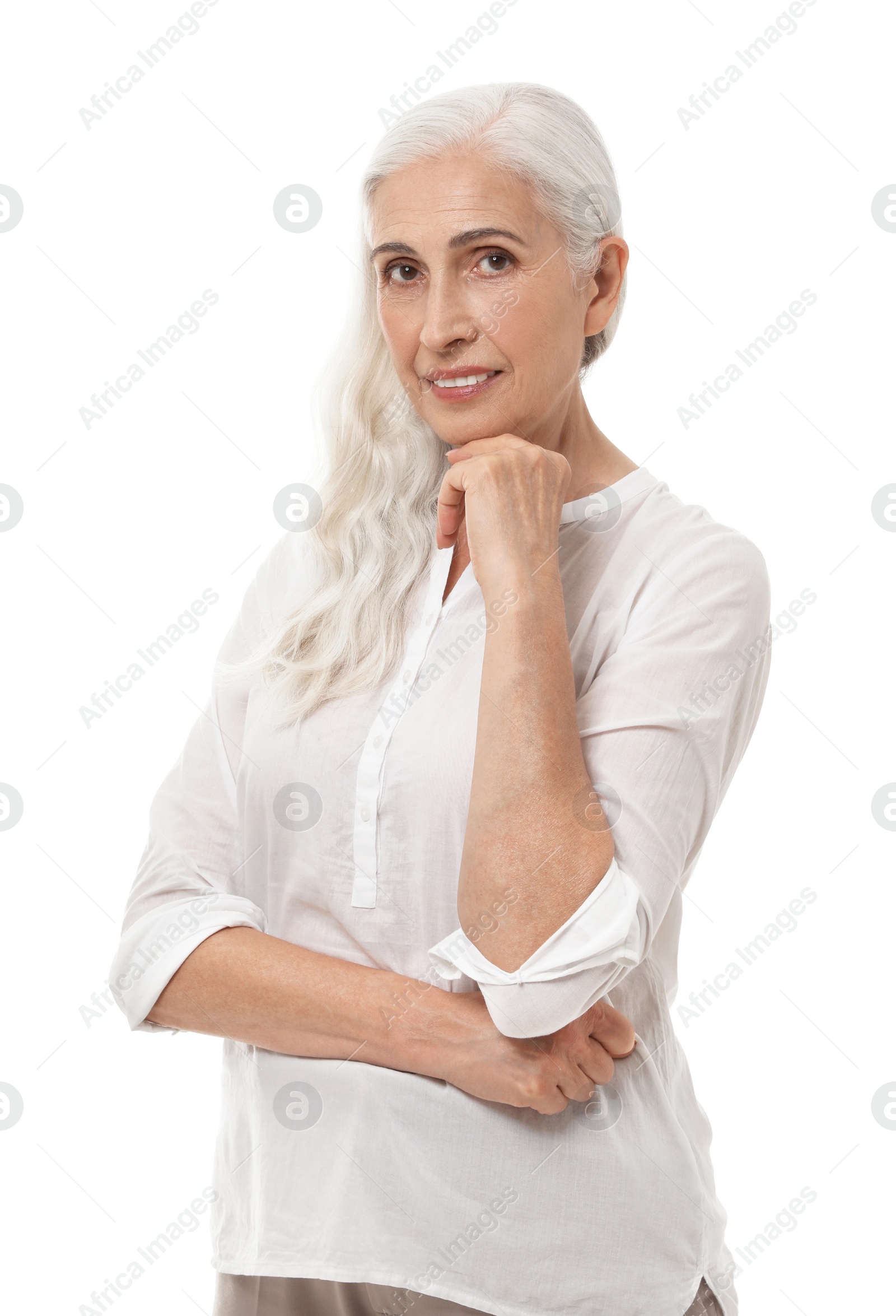 Photo of Portrait of beautiful mature woman on white background