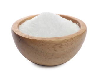 Photo of Natural salt in wooden bowl isolated on white