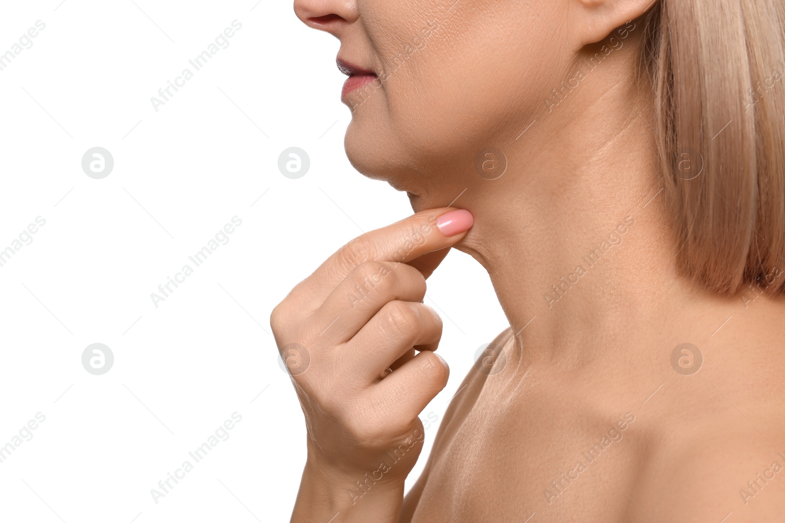 Photo of Woman touching her neck on white background, closeup