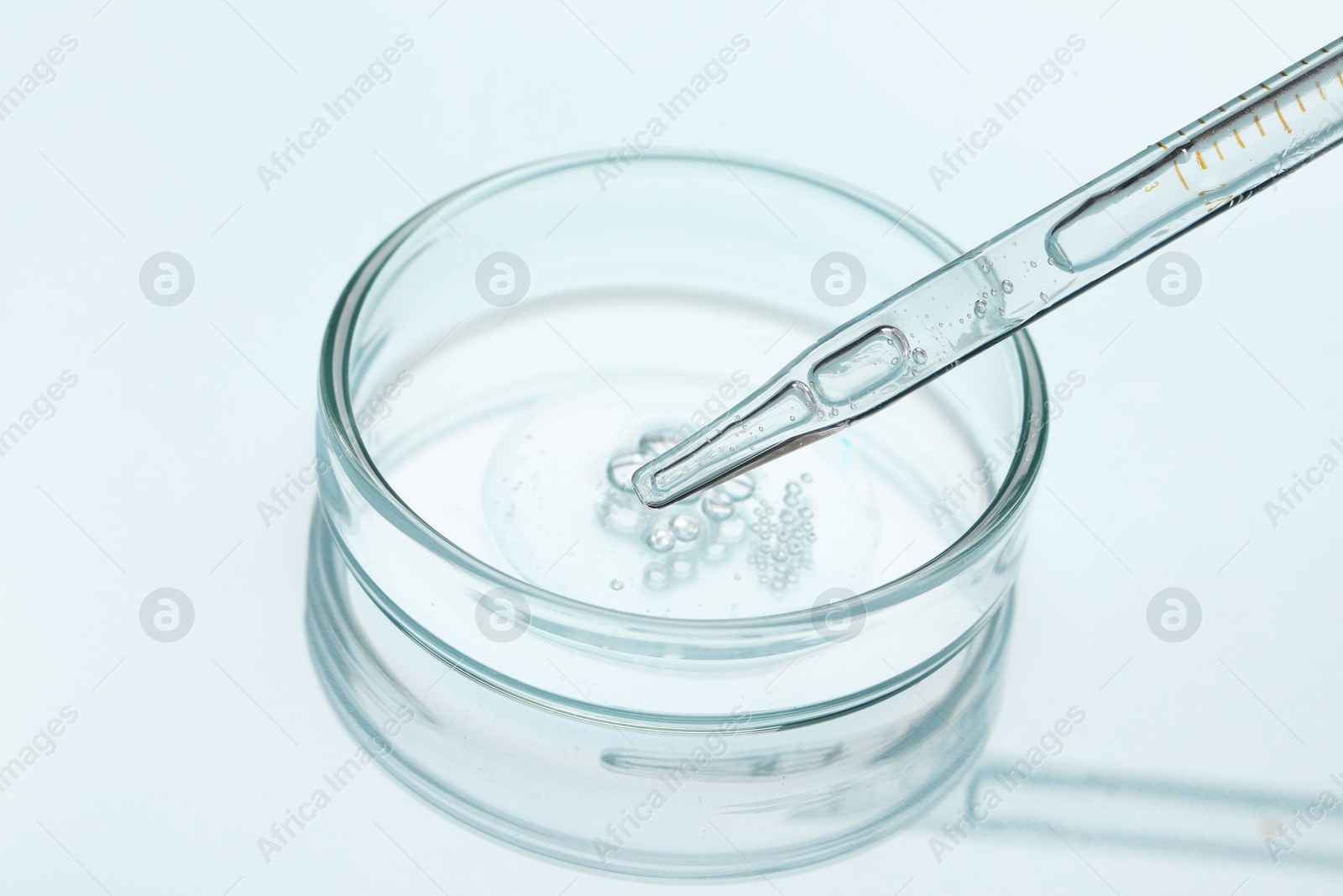 Photo of Glass pipette and petri dish with liquid on light background, closeup