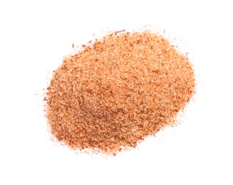 Photo of Heap of pink salt with spices on white background, top view