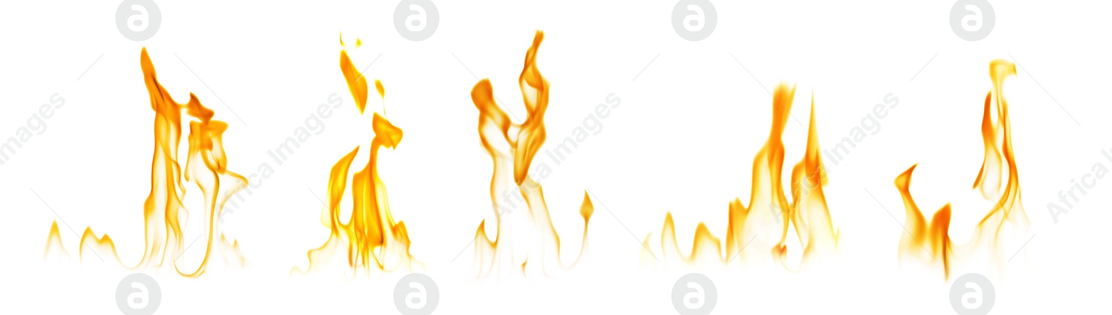 Illustration of Set with beautiful bright fire flames on white background. Banner design