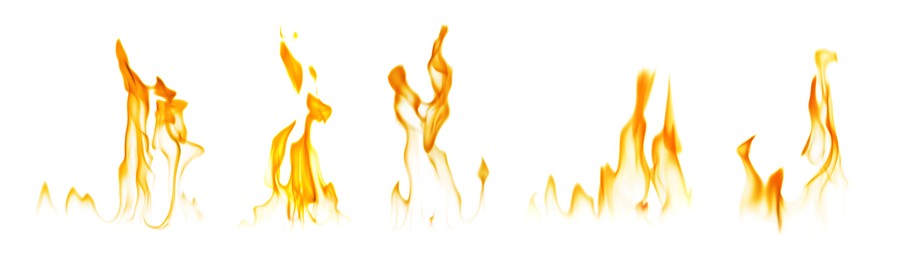 Illustration of Set with beautiful bright fire flames on white background. Banner design