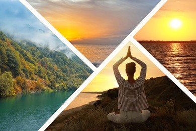 Collage with photos of beautiful landscapes and meditating woman