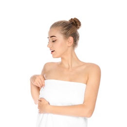 Photo of Portrait of young pretty woman with towel on white background