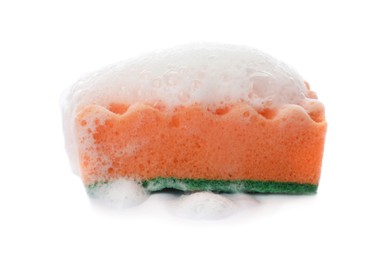 Photo of Orange cleaning sponge with foam on white background