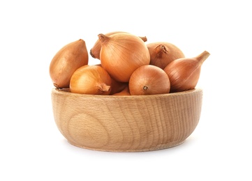 Photo of Bowl with fresh ripe onions on white background