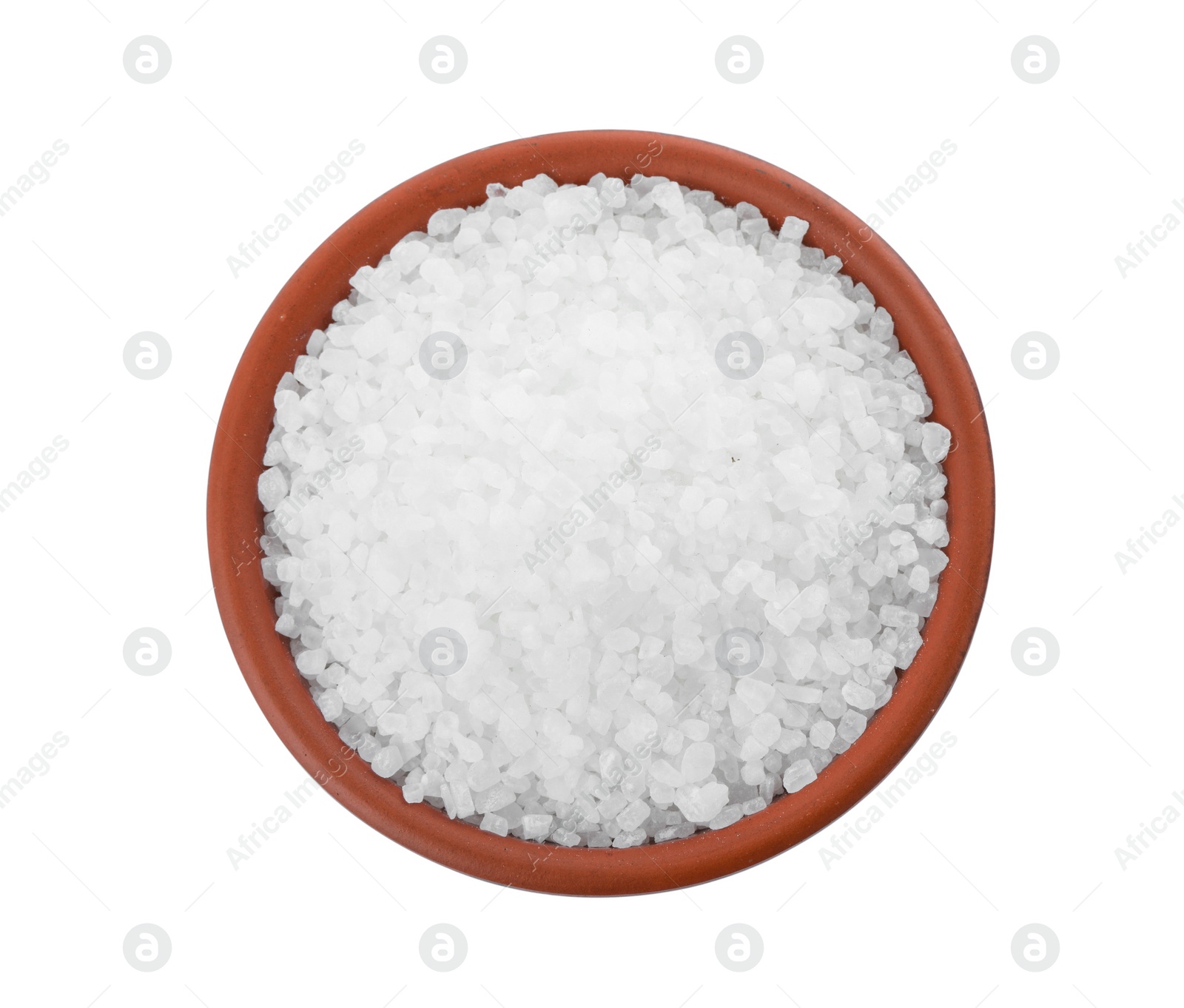 Photo of Natural sea salt in wooden bowl isolated on white, top view