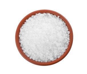 Natural sea salt in wooden bowl isolated on white, top view