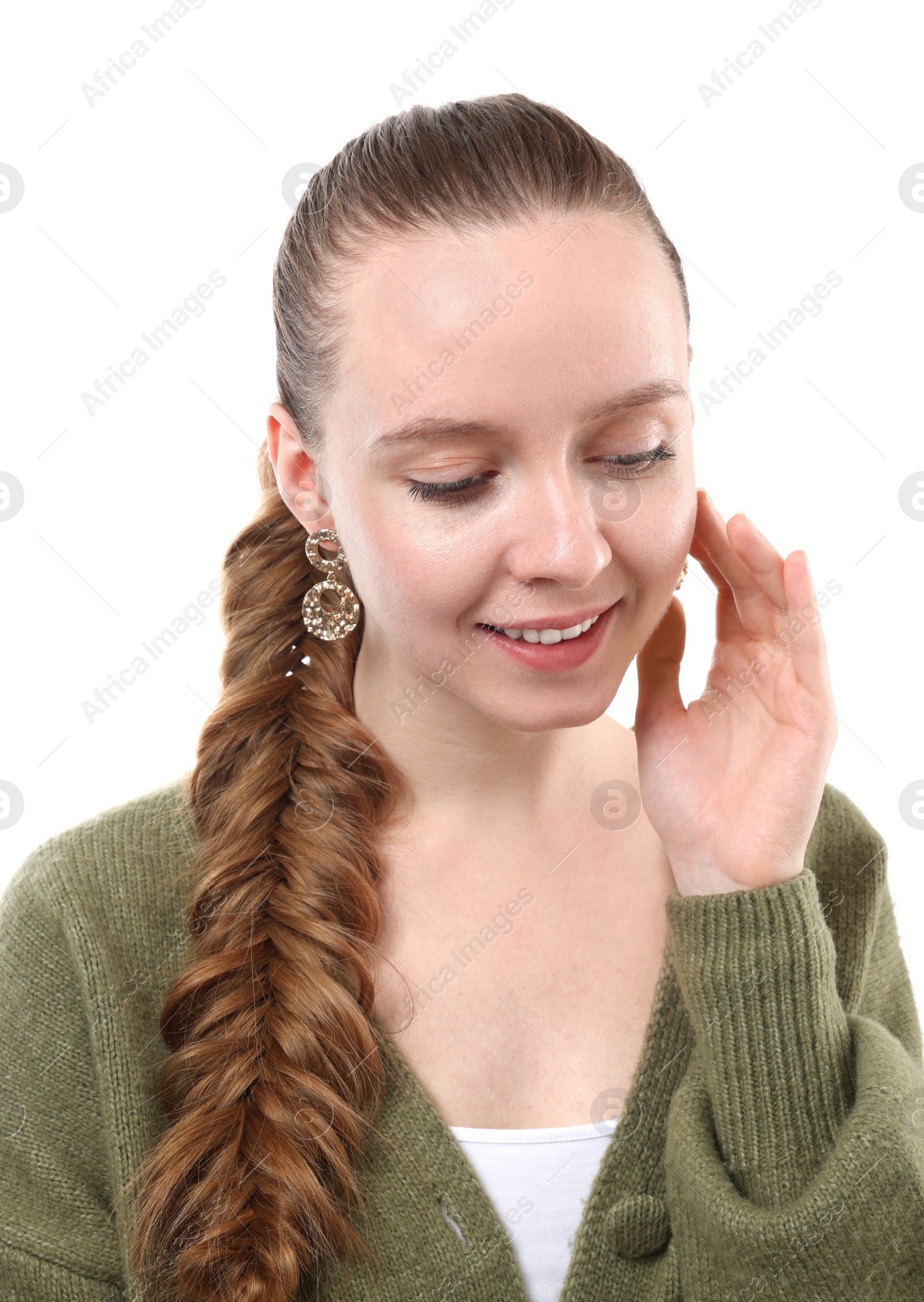 Photo of Woman with braided hair on white background