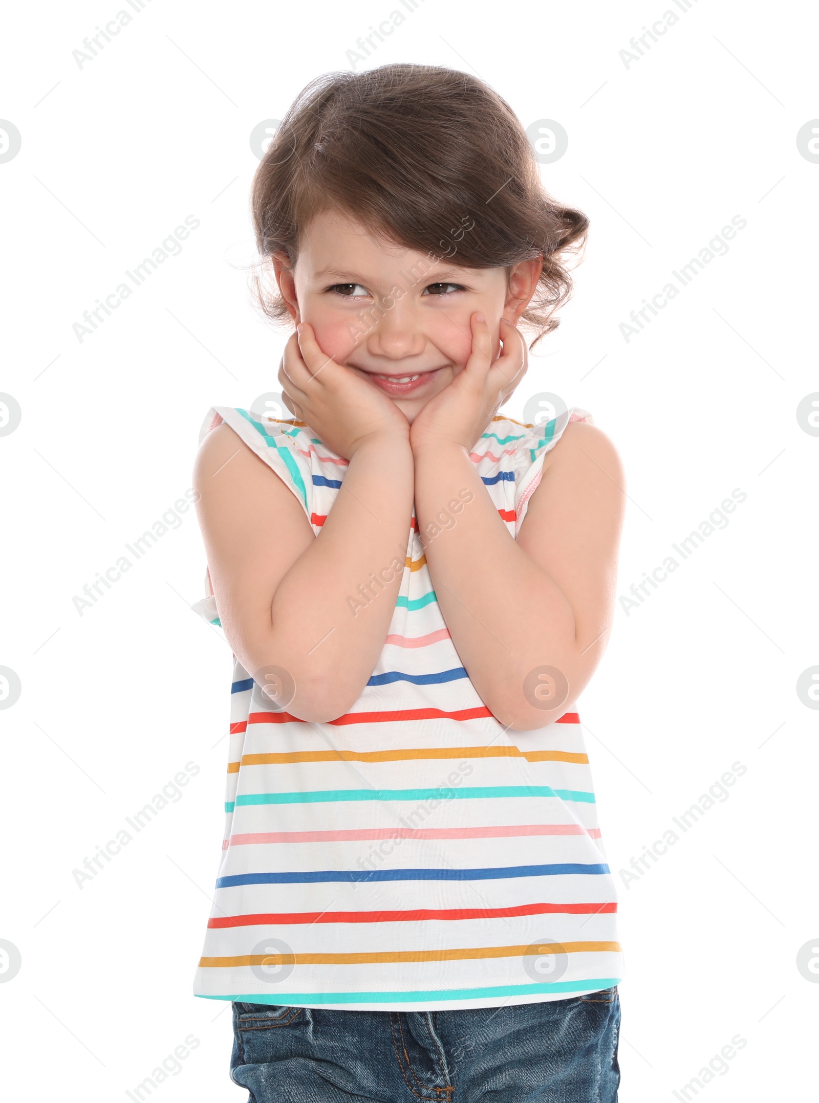 Photo of Portrait of happy little girl in casual outfit on white background