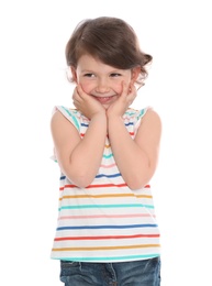 Photo of Portrait of happy little girl in casual outfit on white background