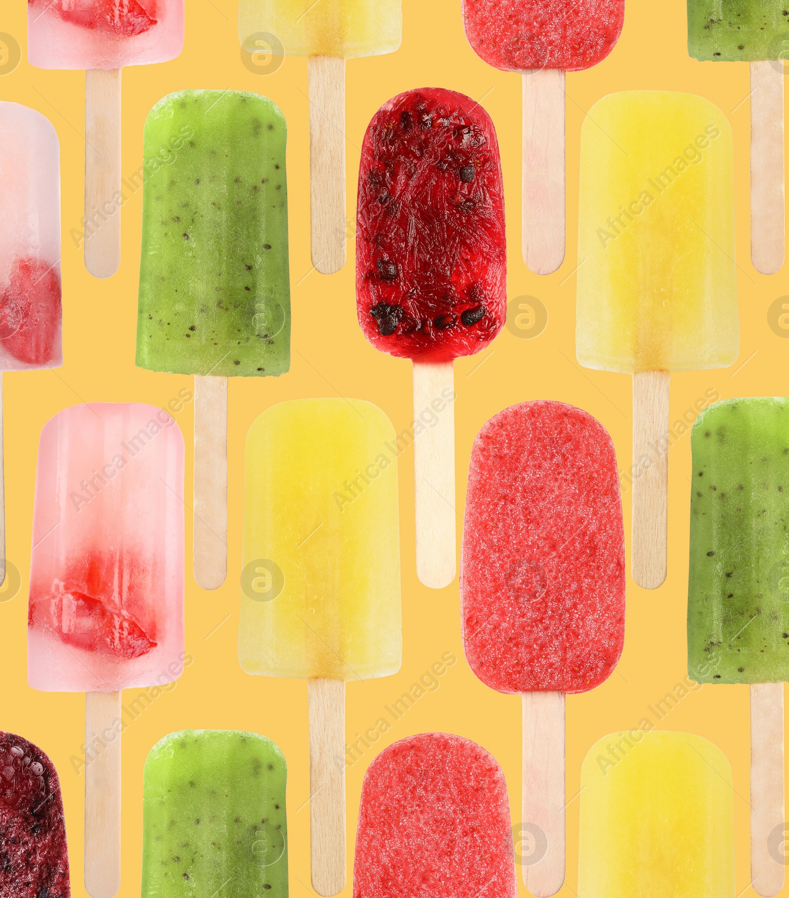 Image of Many different ice creams on golden background, pattern design