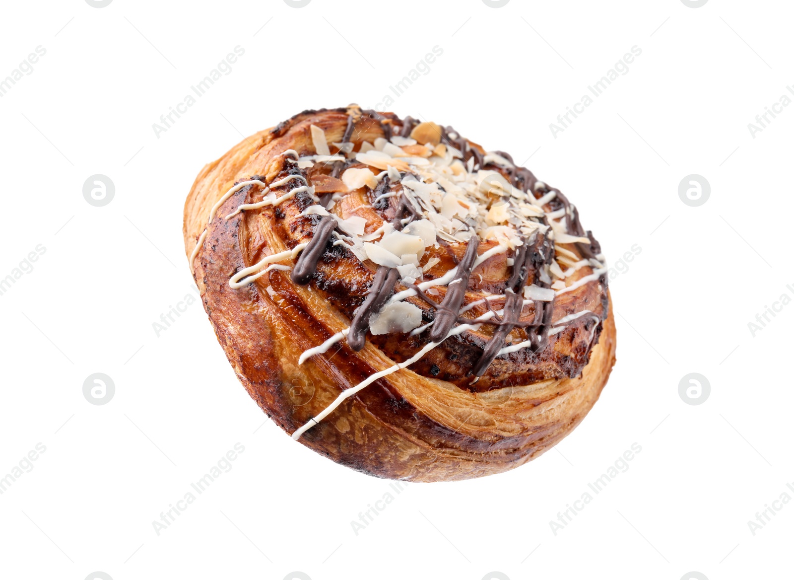 Photo of One delicious roll with almond flakes and topping isolated on white. Sweet bun