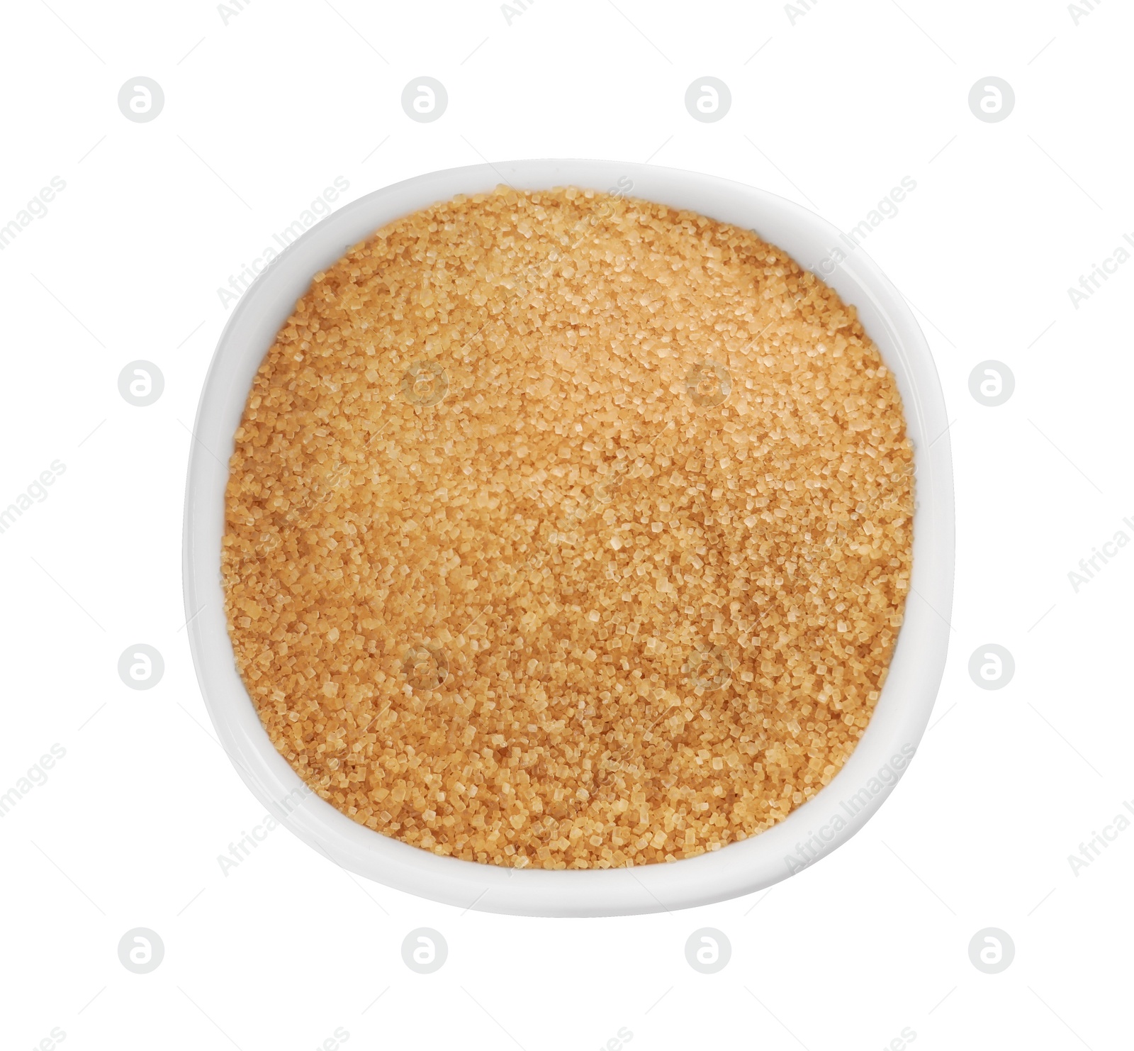 Photo of Bowl of granulated brown sugar isolated on white, top view