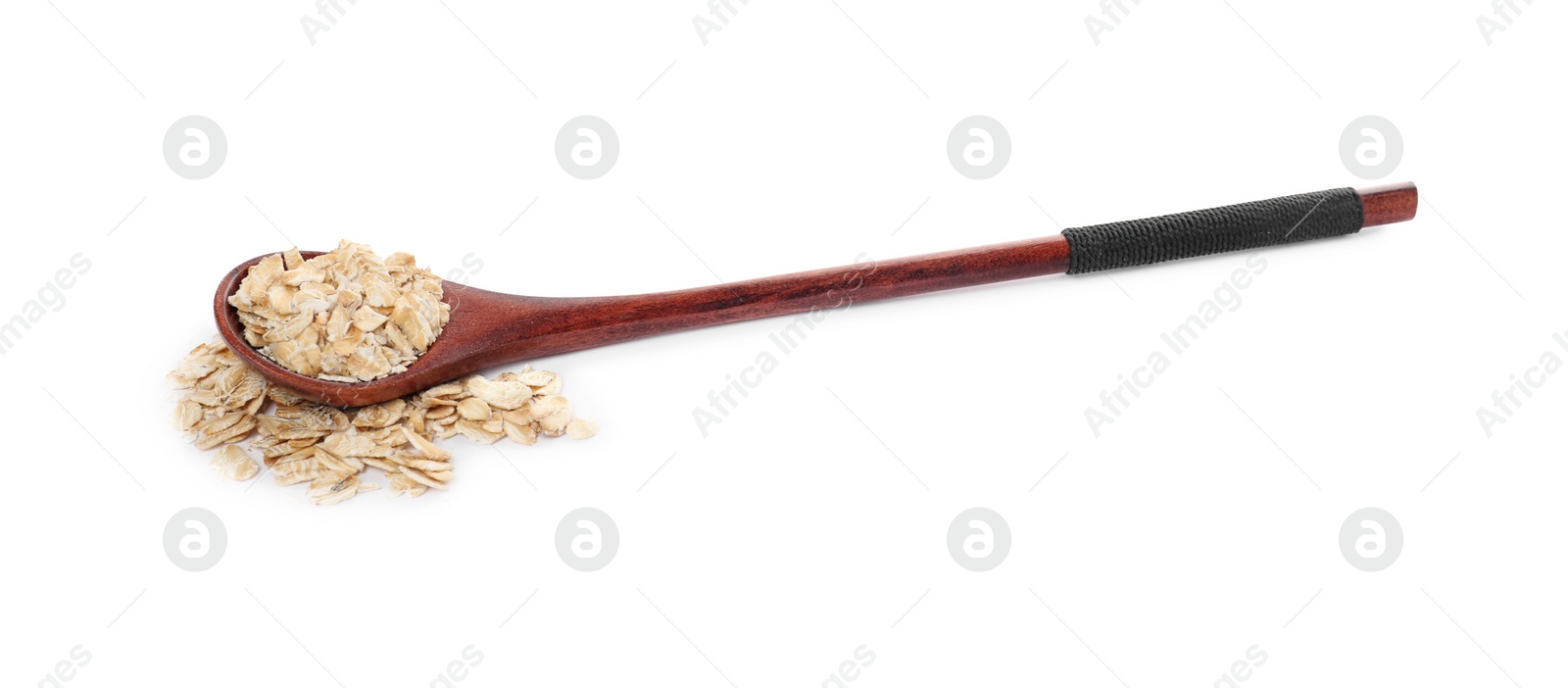 Photo of Wooden spoon of oatmeal isolated on white