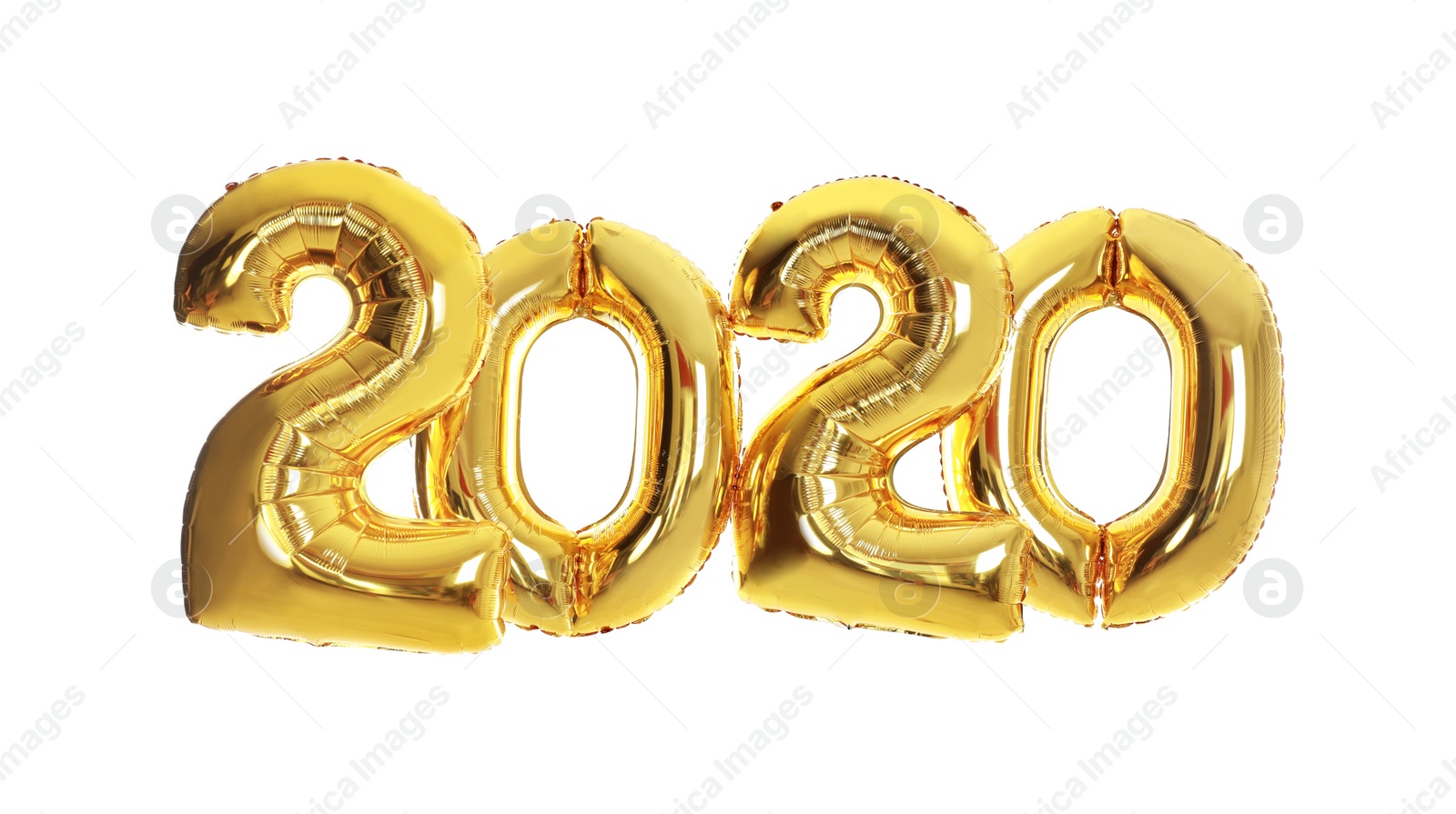 Photo of Golden balloons for party decoration on white background. 2020 New Year celebration