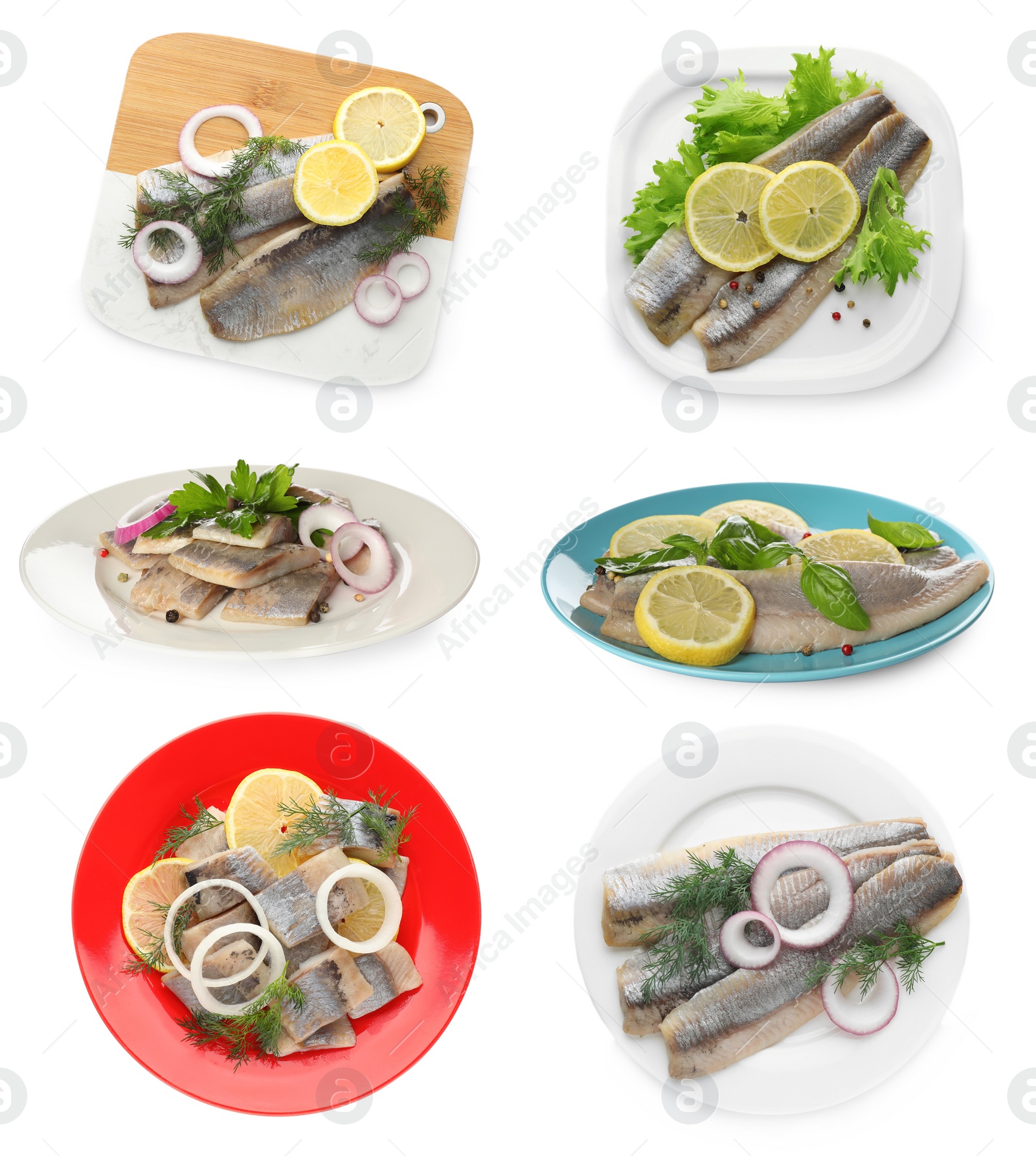 Image of Set with delicious salted herring fillets on white background