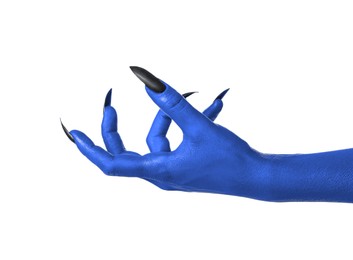 Image of Creepy monster. Blue hand with claws isolated on white