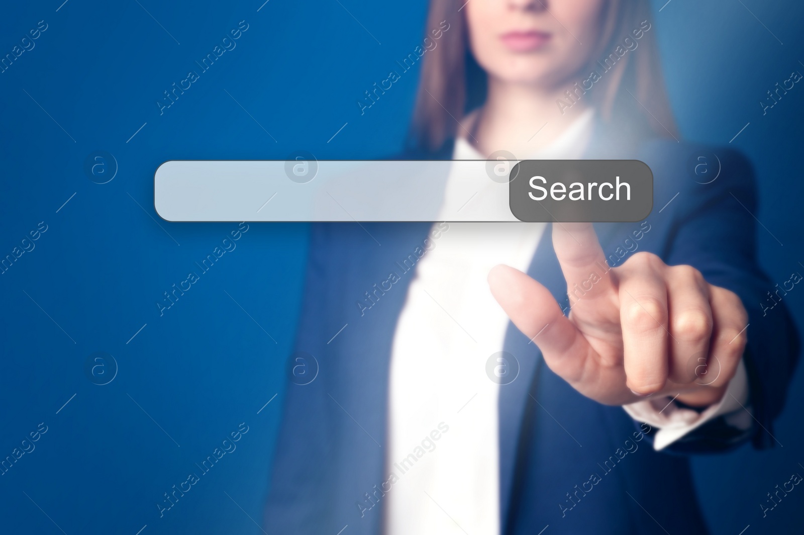 Image of Businesswoman using search bar on virtual screen, closeup