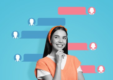 Image of Communication, dialogue. Young woman on light blue background. Avatars with speech bubbles behind her