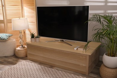 Photo of Stylish living room interior with TV on cabinet and houseplant