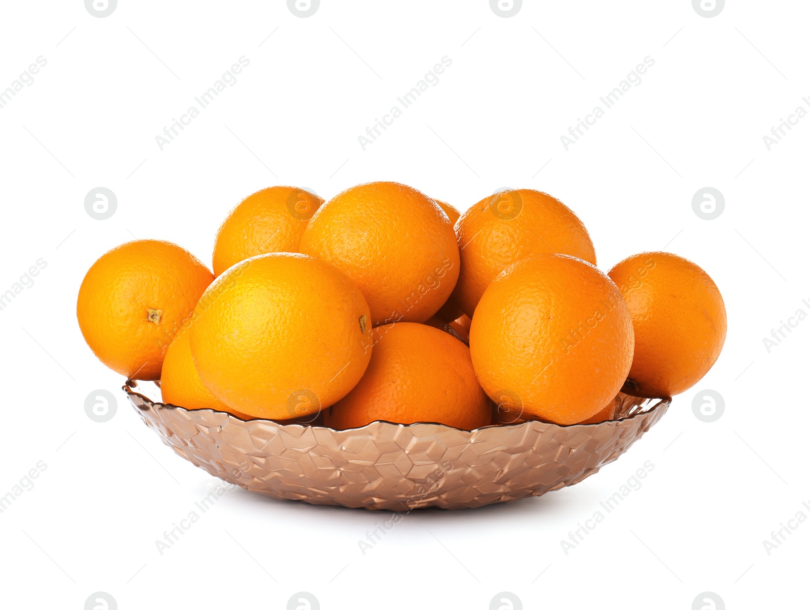 Photo of Fruit bowl with tasty oranges isolated on white