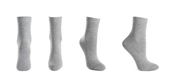 Image of Set with light grey socks on white background. Banner design