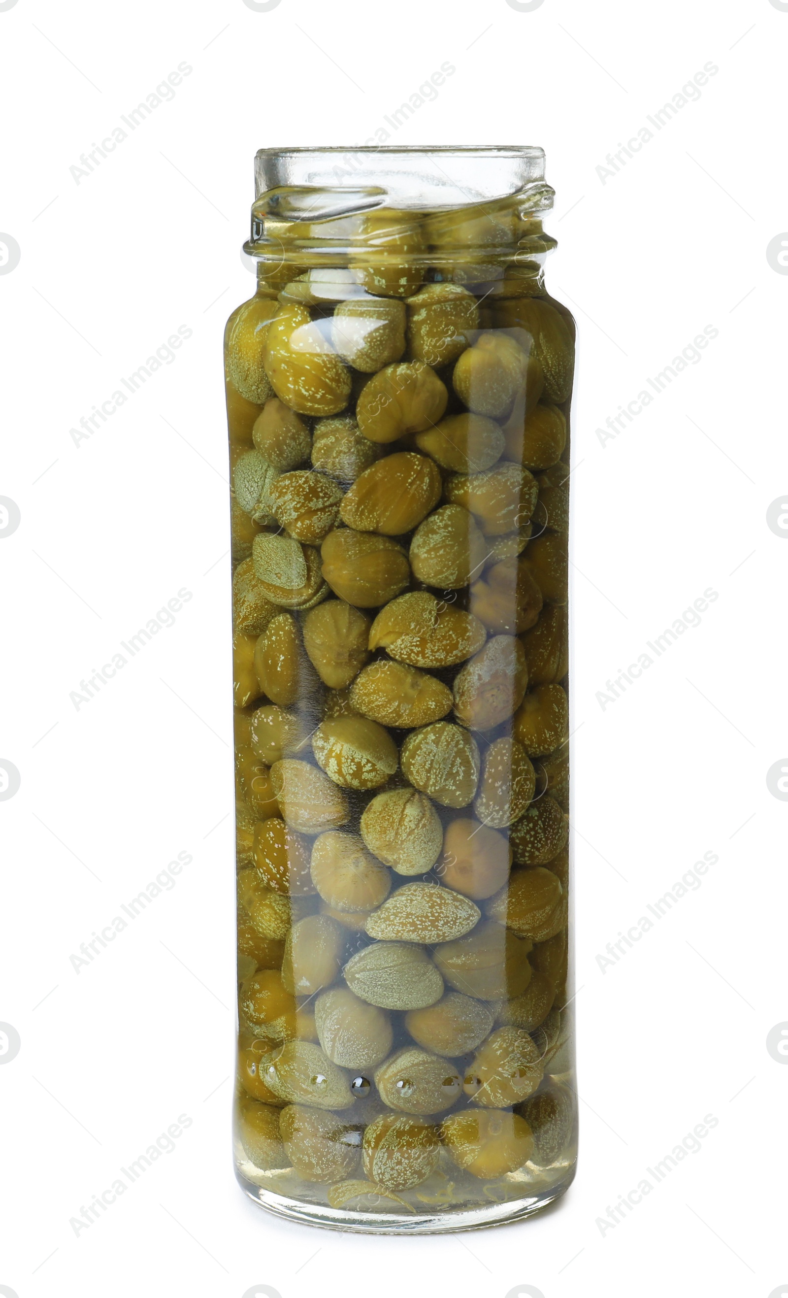 Photo of Glass jar with pickled capers isolated on white