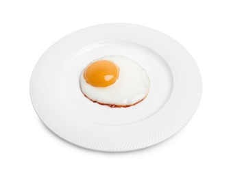 Plate with delicious fried egg isolated on white