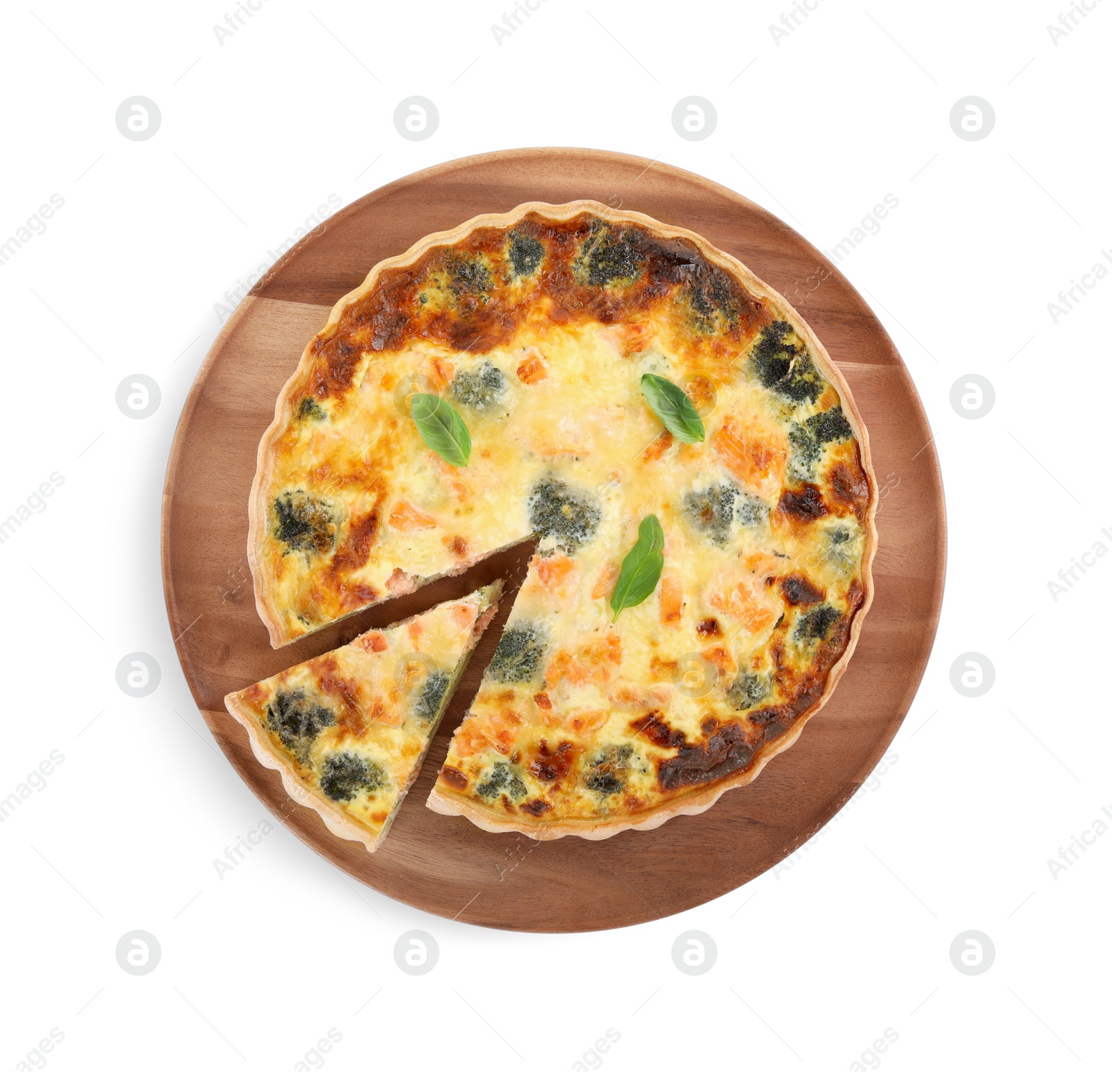 Photo of Delicious homemade quiche with salmon and broccoli isolated on white, top view