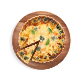 Delicious homemade quiche with salmon and broccoli isolated on white, top view