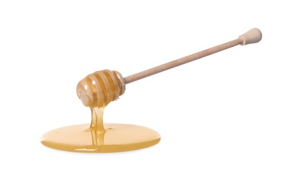 Photo of Natural honey dripping from dipper on white background