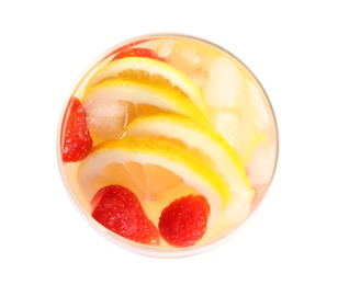 Photo of Natural lemonade with strawberries in glass on white background, top view