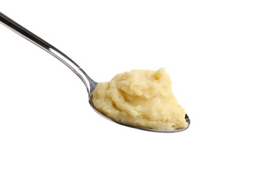 Photo of Spoon of tasty mashed potatoes isolated on white