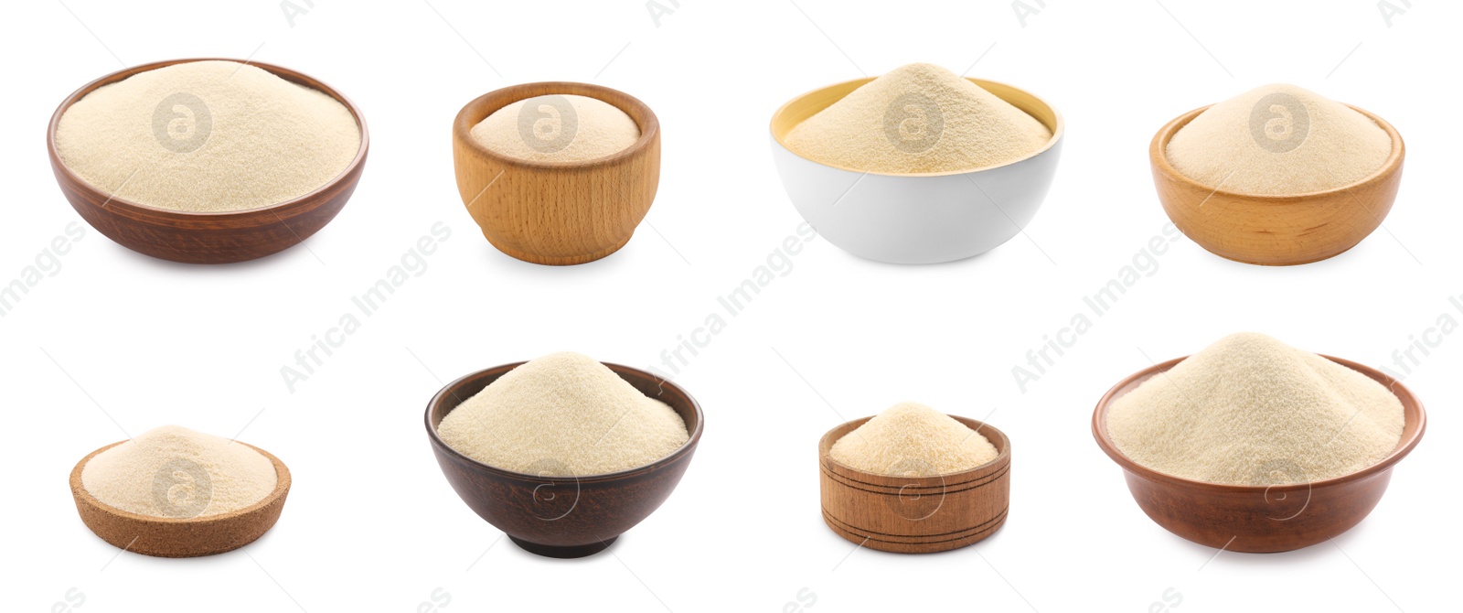 Image of Set with uncooked organic semolina on white background. Banner design 