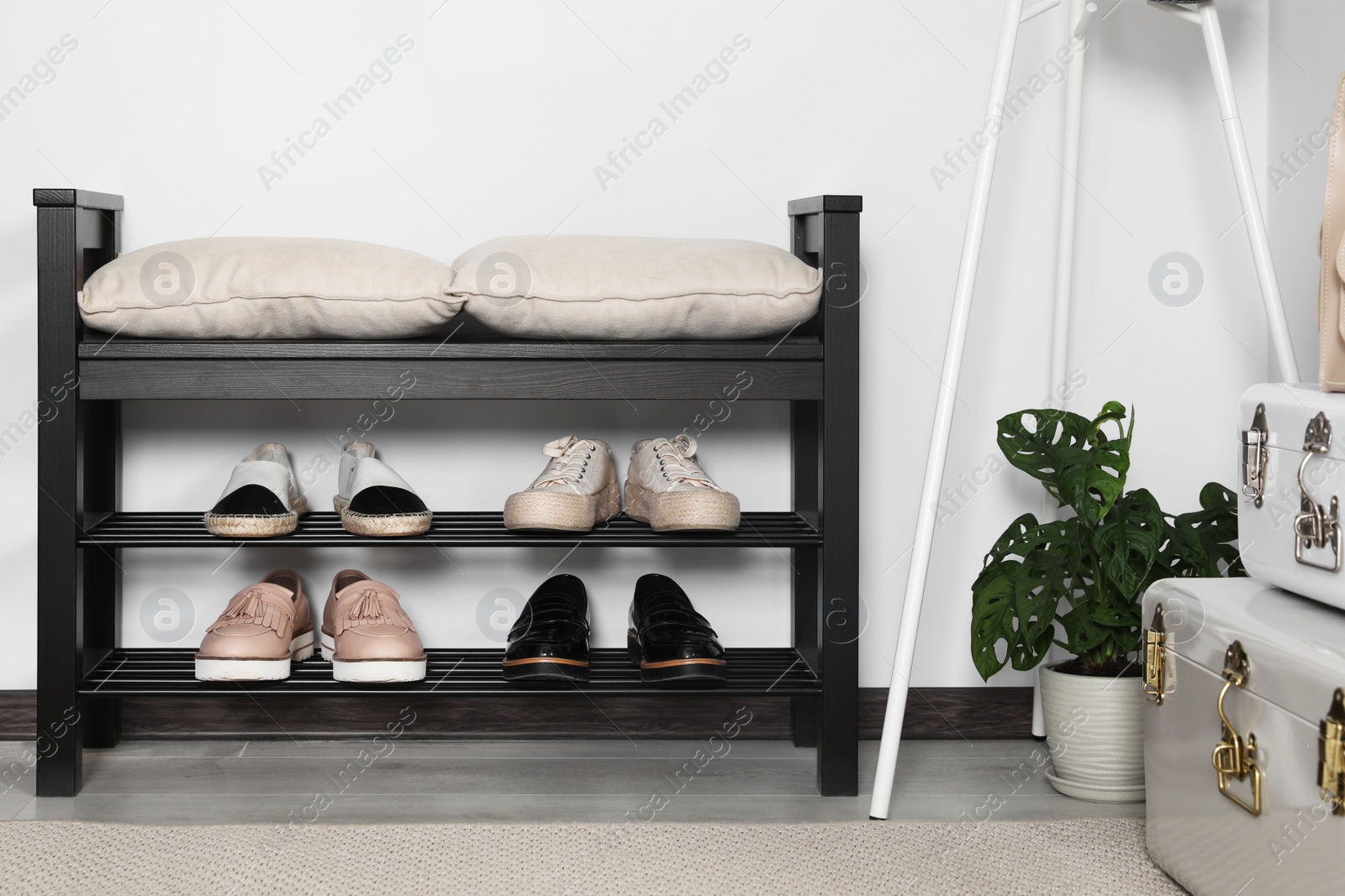 Photo of Hallway interior with shoe storage bench and houseplant