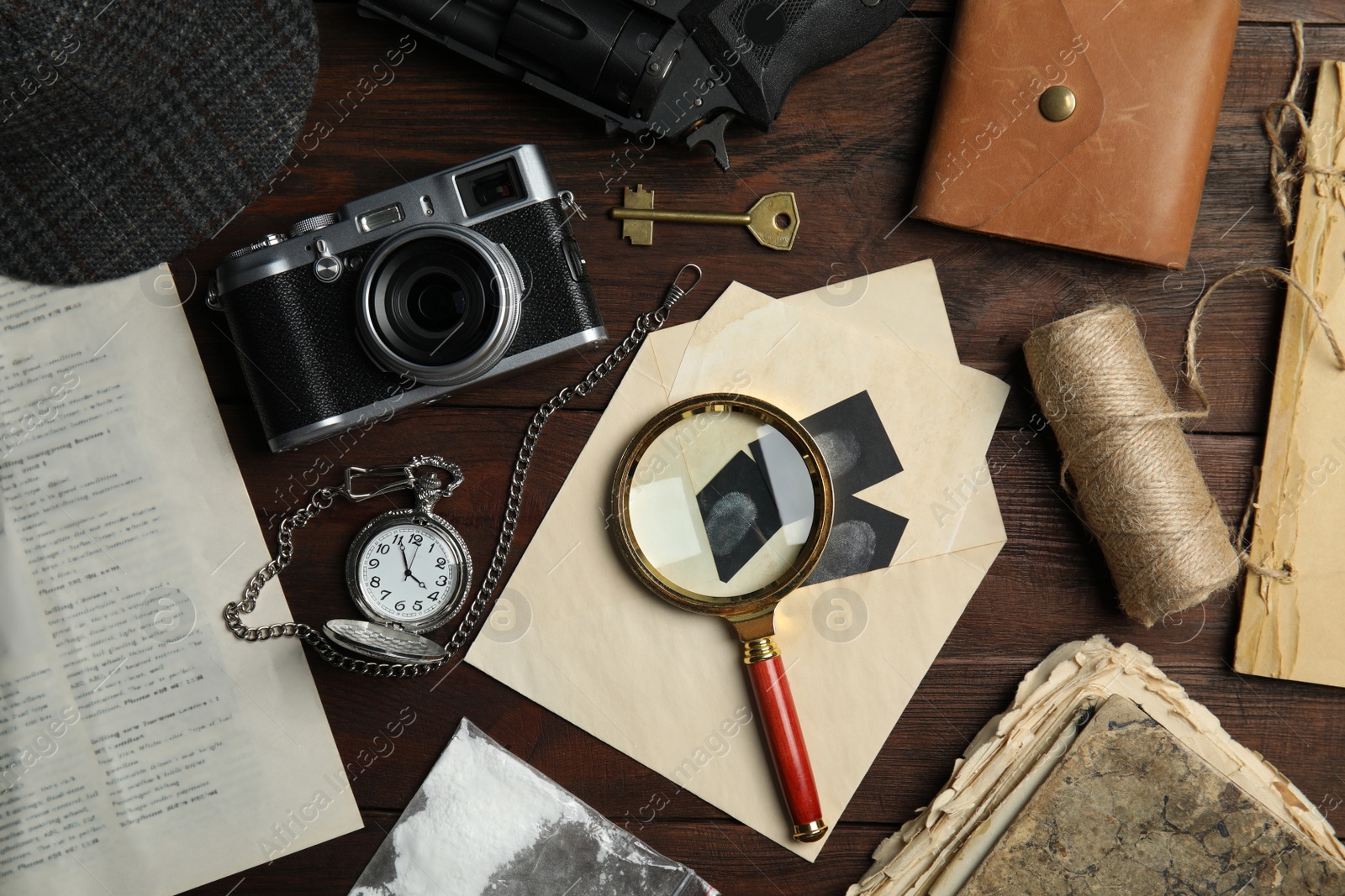 Photo of Composition with different vintage items on wooden background. Detective layout