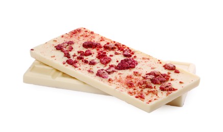 Photo of Chocolate bars with freeze dried raspberries on white background