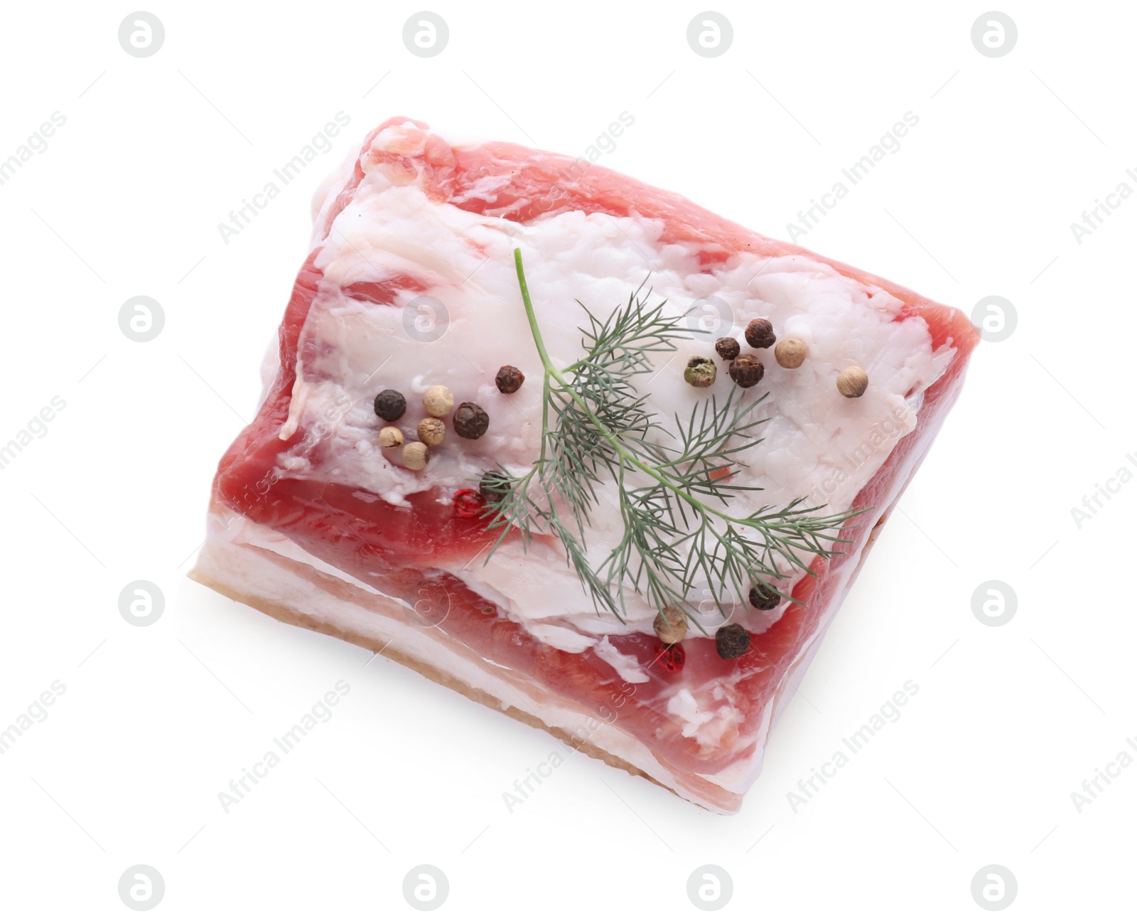 Photo of Piece of pork fatback with dill and spices isolated on white, top view