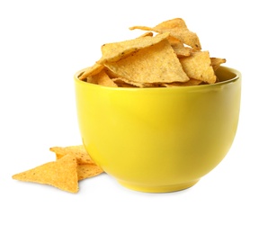 Photo of Yellow bowl with tasty Mexican nachos chips on white background