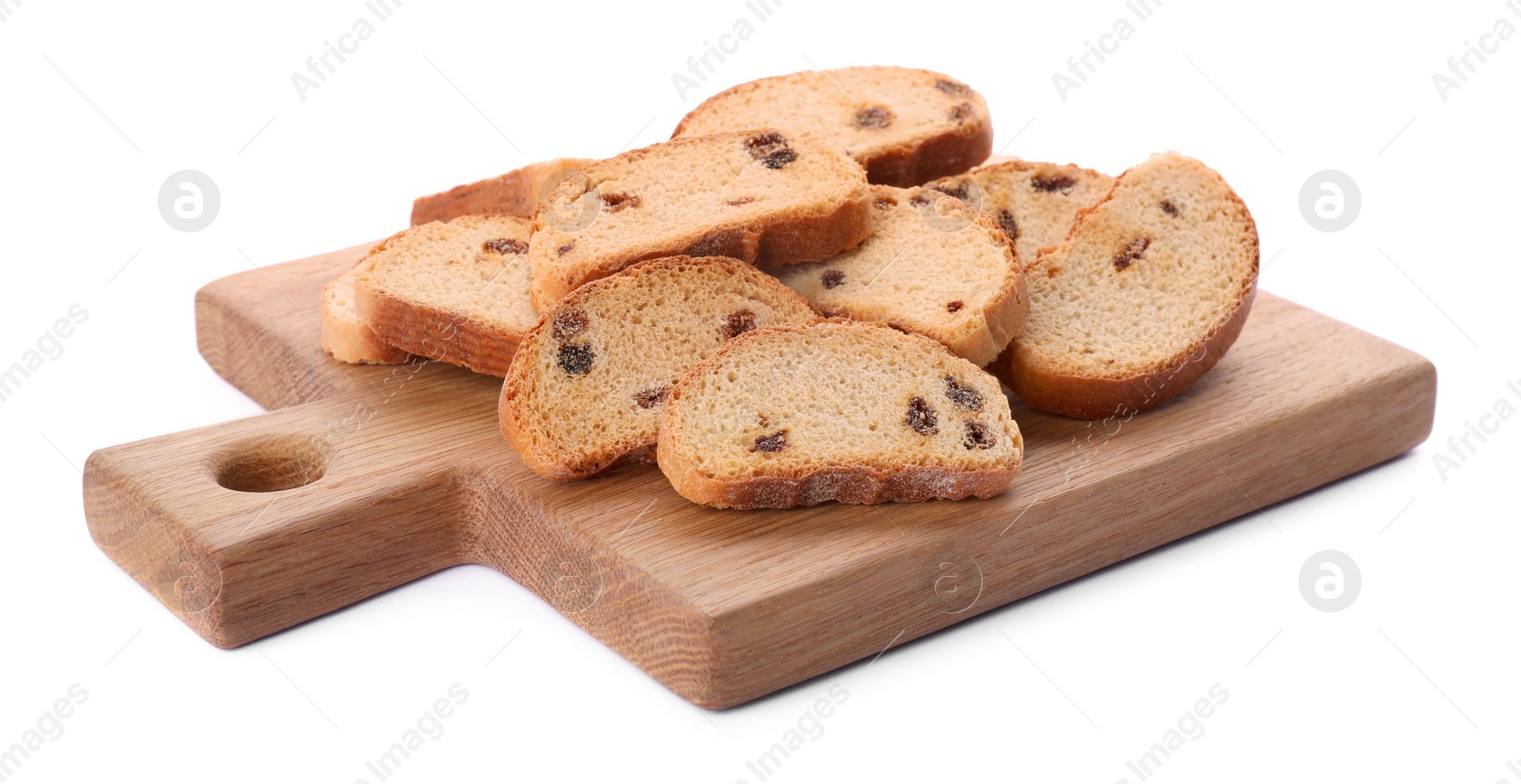 Photo of Sweet hard chuck crackers with raisins on white background